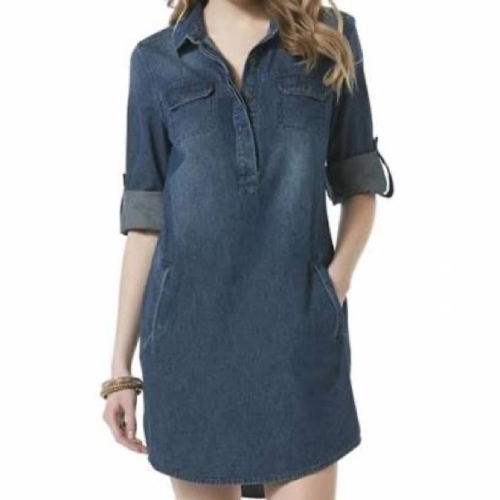 Canyon River Blues Denim Blue Jean Shirt Dress Roll Tab Sleeves Pockets M
